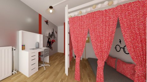 Aménagement et décoration d'une chambre d'enfant avec coin lecture sur le thème Harry Potter dans un appartement à Lyon.