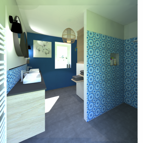 Rénovation totale, agencements sur mesure et choix des matériaux d'une salle de bain dans une maison à Limonest.