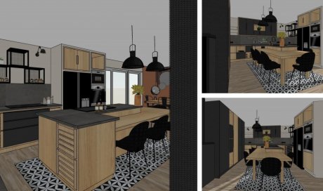 Aménagement complet sur mesure d'une nouvelle cuisine au style industriel avec écriture des plans techniques dans une maison à Caluire-et-Cuire.