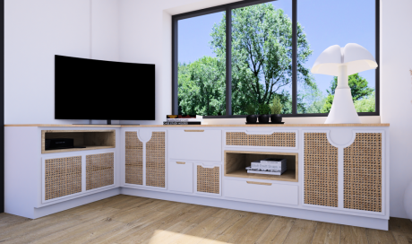 Création d'un agencement sur mesure d'un meuble télé dans une maison à Lyon.