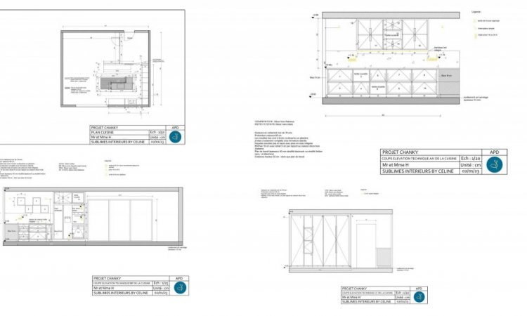 Aménagement complet sur mesure d'une nouvelle cuisine au style industriel avec écriture des plans techniques dans une maison à Caluire-et-Cuire.