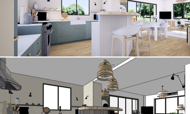 Rénovation totale d'une cuisine et d'un salon avec création d'agencements sur mesure d'une maison à Lyon