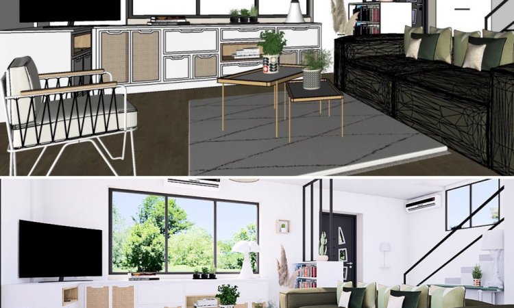 Rénovation totale d'une cuisine et d'un salon avec création d'agencements sur mesure d'une maison à Lyon