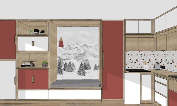 Réalisation d'un agencement sur mesure pour la création d'un ensemble de rangements muraux, d'une banquette et d'un coin cuisine intégrée dans un appartement à la montagne situé à proximité de Lyon