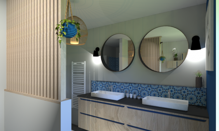 Rénovation totale, agencements sur mesure et choix des matériaux d'une salle de bain dans une maison à Limonest.